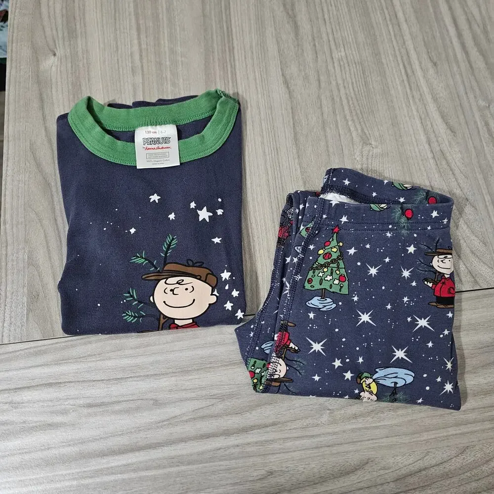 Hanna Andersson Pajama Set Peanuts Charlie Brown Christmas Gray Blue Green 6-7
